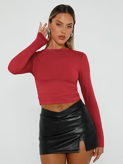 Womens Long Sleeve T-Shirts Trendy Basic Fitted Compression Going Out Crop Tops Fall Fashion Y2K Clothes