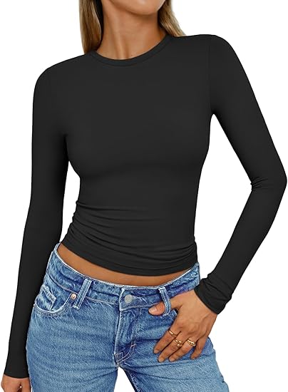Womens Long Sleeve T-Shirts Trendy Basic Fitted Compression Going Out Crop Tops Fall Fashion Y2K Clothes
